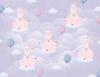 Patterned wallpaper of a llama meditating on purple clouds