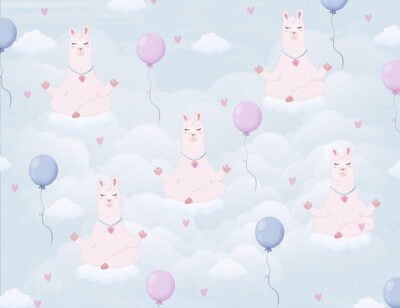 Patterned kids wallpaper of a llama meditating on blue clouds