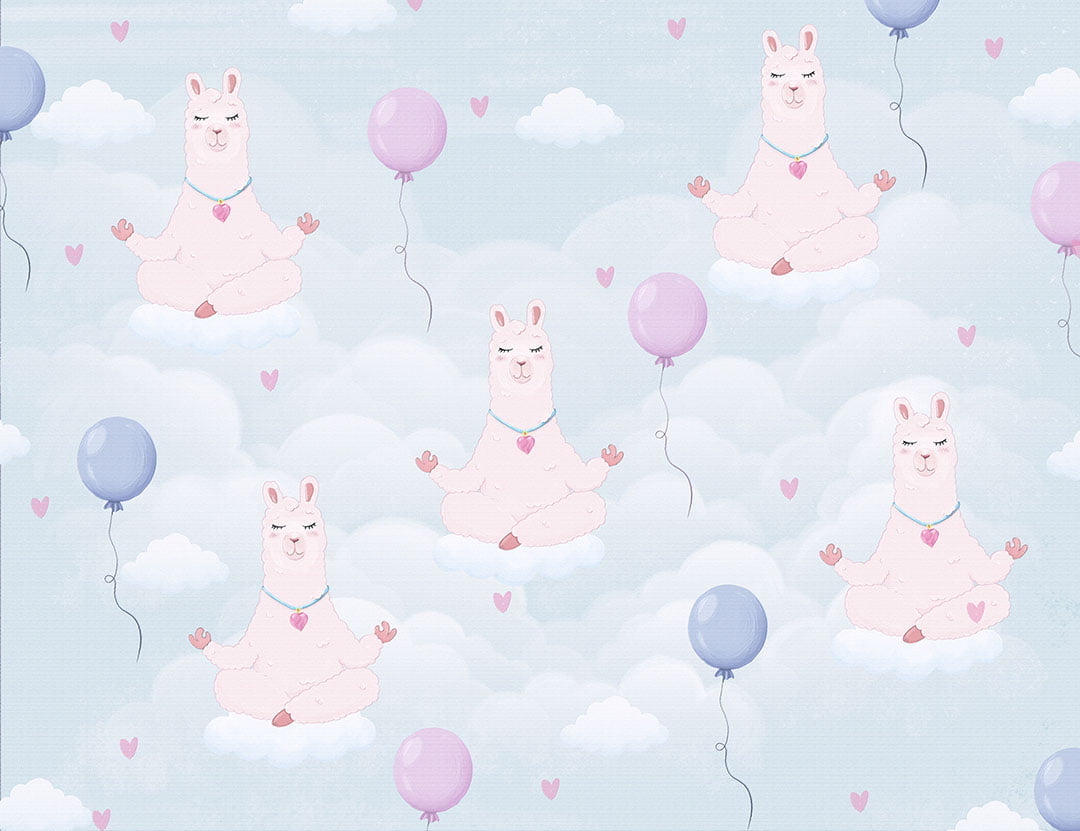 Patterned kids wallpaper of a llama meditating on blue clouds