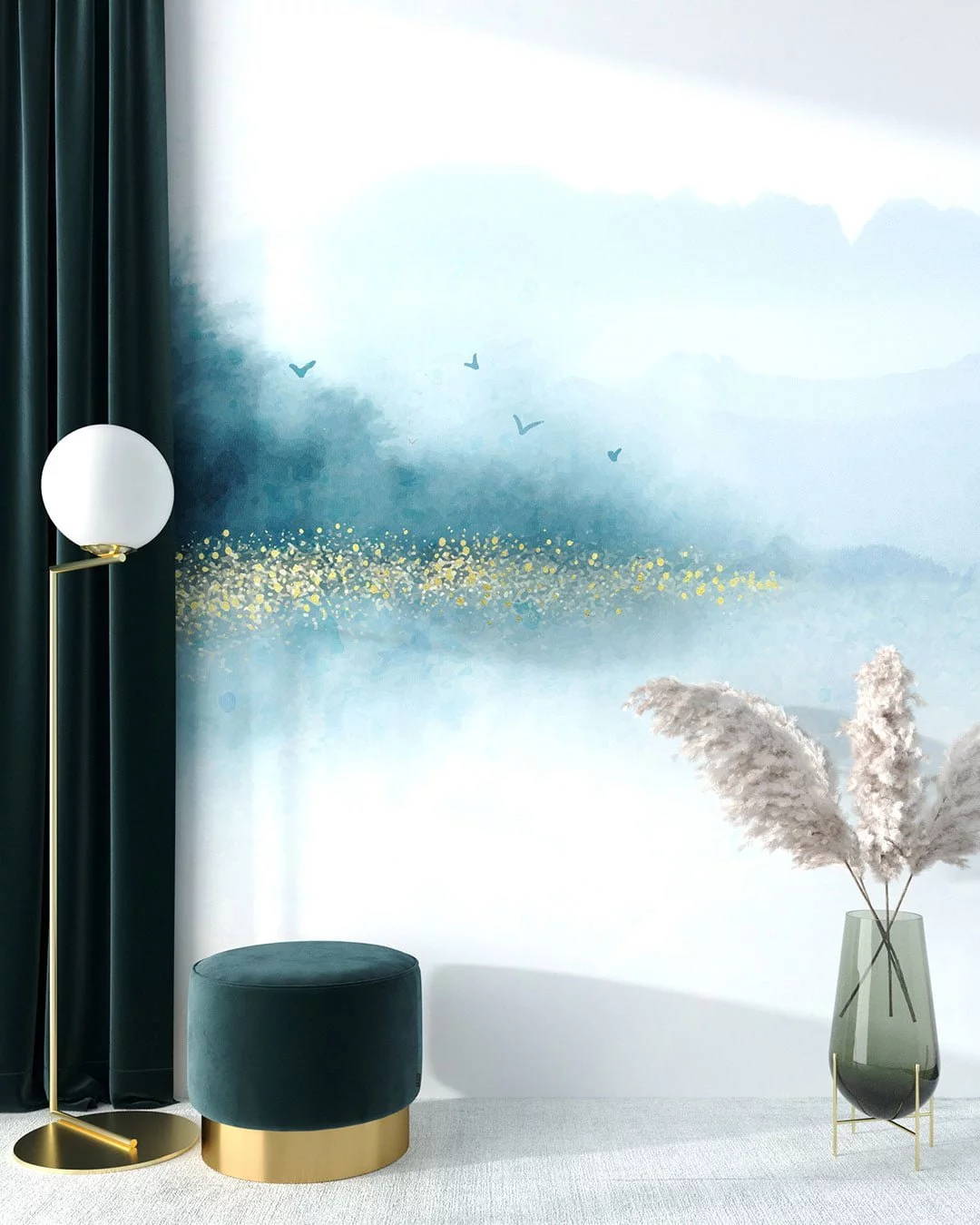 Wall Mural Nebbia for the living room - kith2kin.com Watercolor forest over the lake with gold dust wall mural for the living room