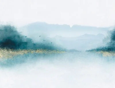 Nature wall mural with watercolor blue forest over the lake with gold dust