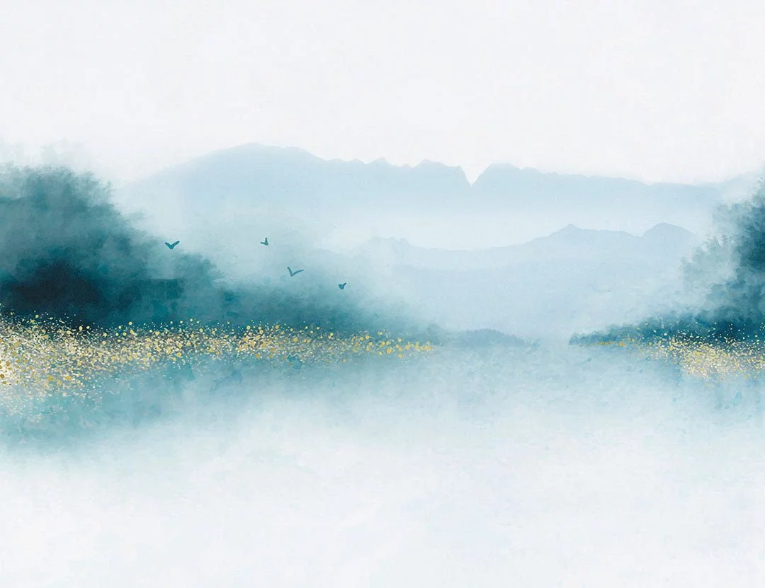 Wall Mural Nebbia with blue forest over the lake with gold dust - kith2kin.com Nature wall mural with watercolor blue forest over the lake with gold dust