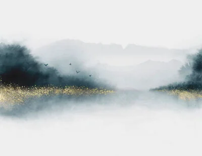 Nature wall mural with watercolor dark forest over the lake with gold dust