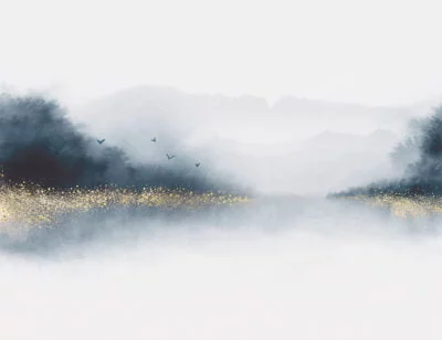 Nature wall mural with watercolor gray forest over the lake with gold dust