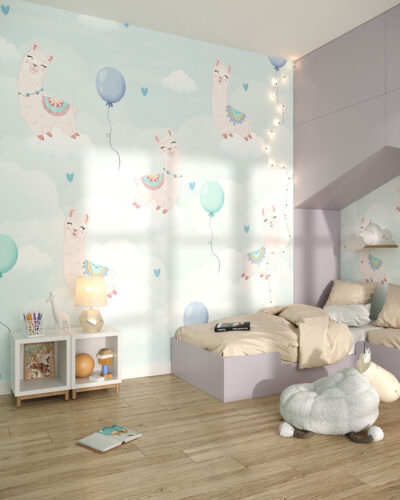Happy llamas among the clouds patterned wallpaper for a children's room