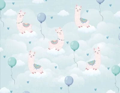 Happy llamas among the blue clouds patterned kids wallpaper
