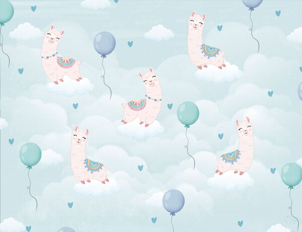 Happy llamas among the blue clouds patterned wallpaper