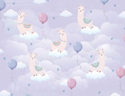 Happy llamas among the purple clouds patterned kids wallpaper