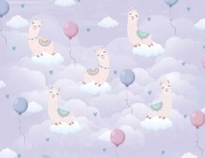 Happy llamas among the purple clouds patterned kids wallpaper