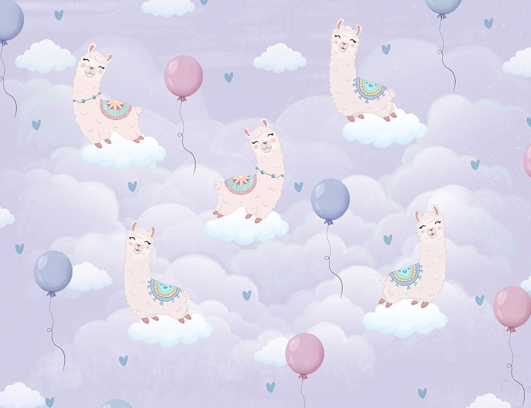 Happy llamas among the purple clouds patterned kids wallpaper