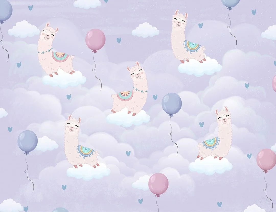 Happy llamas among the purple clouds patterned kids wallpaper