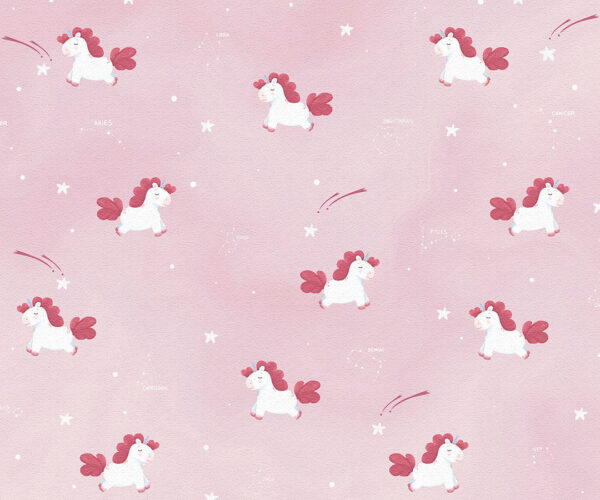 Dreamy unicorns with constellations patterned wallpaper in pink colors