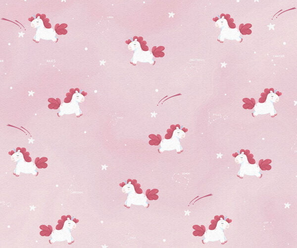 Dreamy unicorns with constellations patterned kids wallpaper in pink colors