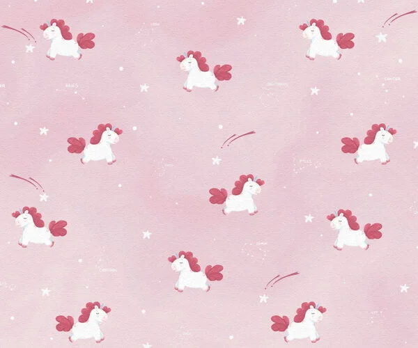 Dreamy unicorns with constellations patterned kids wallpaper in pink colors