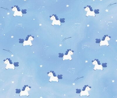 Dreamy unicorns with constellations patterned kids wallpaper in blue colors