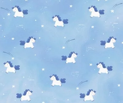 Dreamy unicorns with constellations patterned kids wallpaper in blue colors
