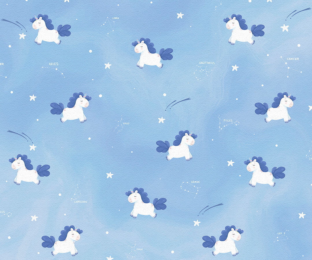 Dreamy unicorns with constellations patterned kids wallpaper in blue colors