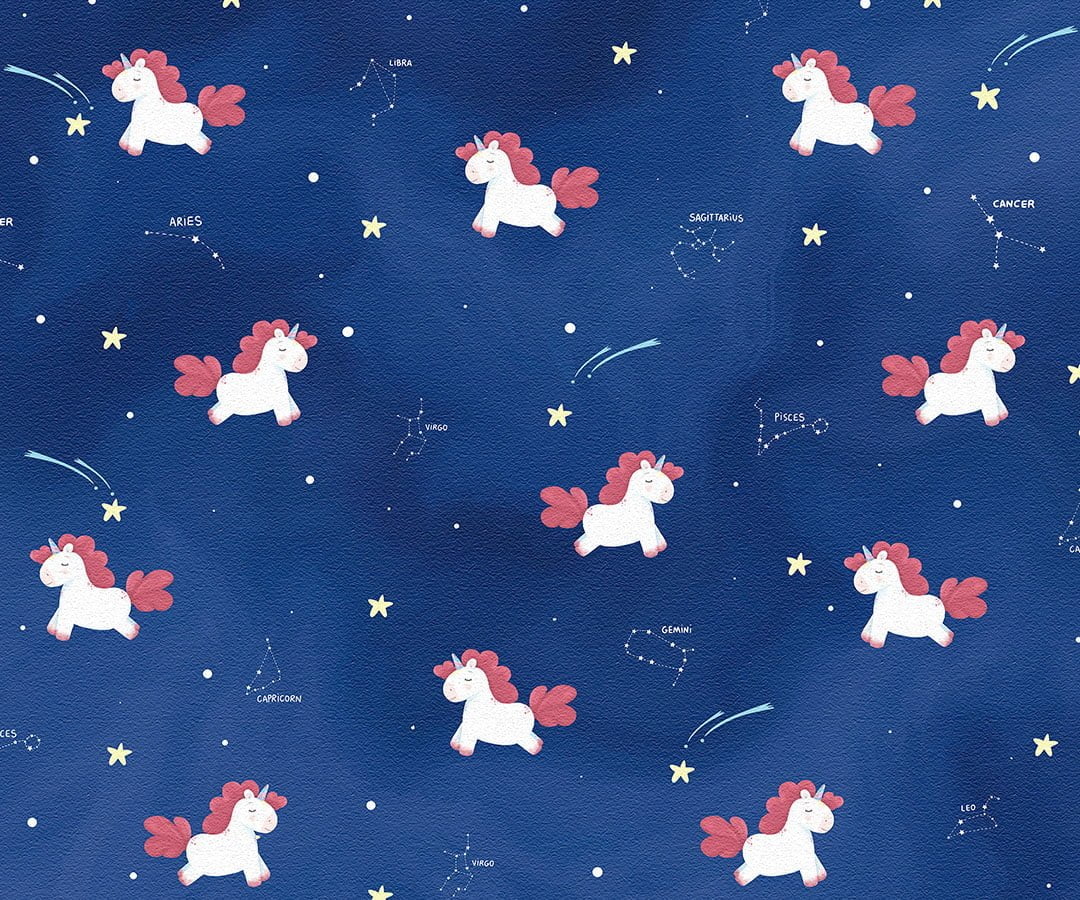 Dreamy unicorns with constellations patterned kids wallpaper