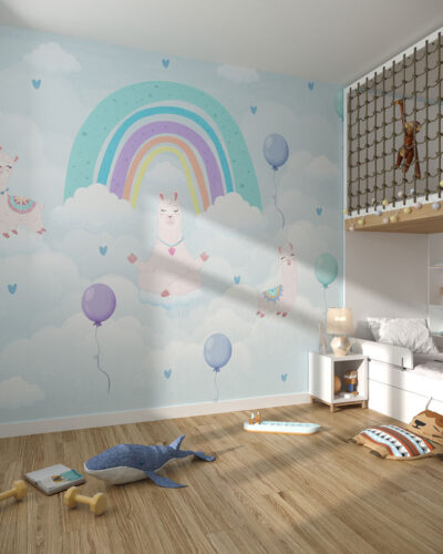 Llama in lotus position under the rainbow wall mural for a children's room