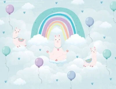 Llama in lotus position under the rainbow kids wall mural
