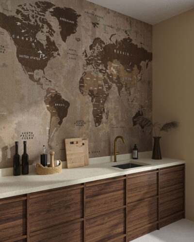 Brown world map wall mural in loft style for the kitchen