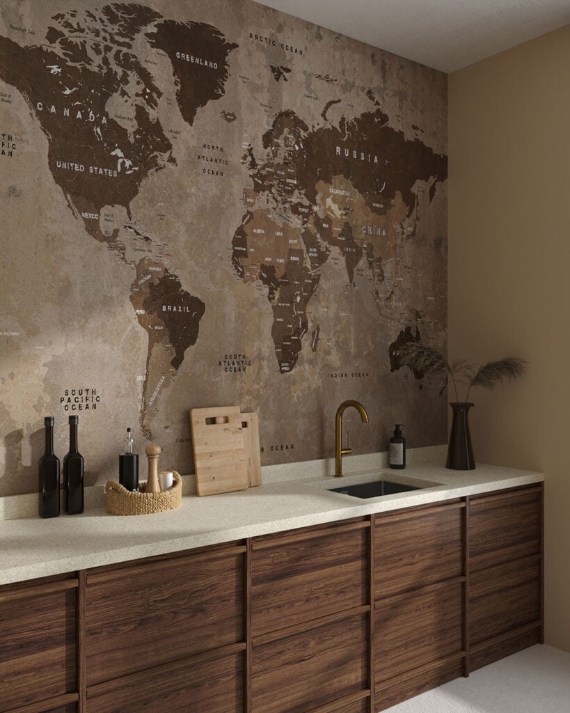 Wall Mural Scoperte for the kitchen - kith2kin.com Brown world map wall mural in loft style for the kitchen