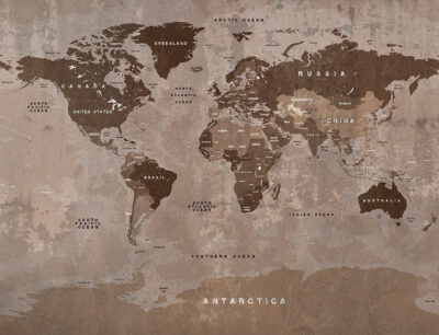 Brown world map wall mural in loft style