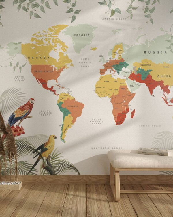 Tropical world map with parrots wall mural for the living room