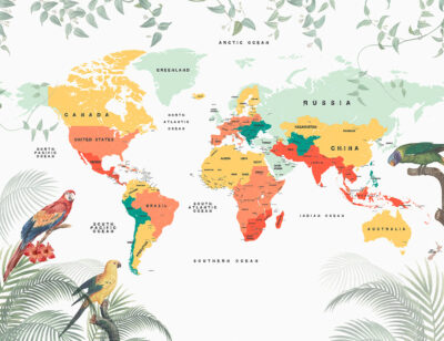 Topical world map with parrots wall mural