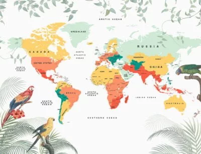 Tropical world map with parrots wall mural