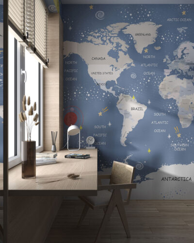 World map wall mural with planets and rockets for a children's room