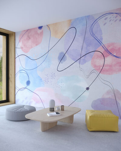 Bright watercolor abstract wall mural for the living room