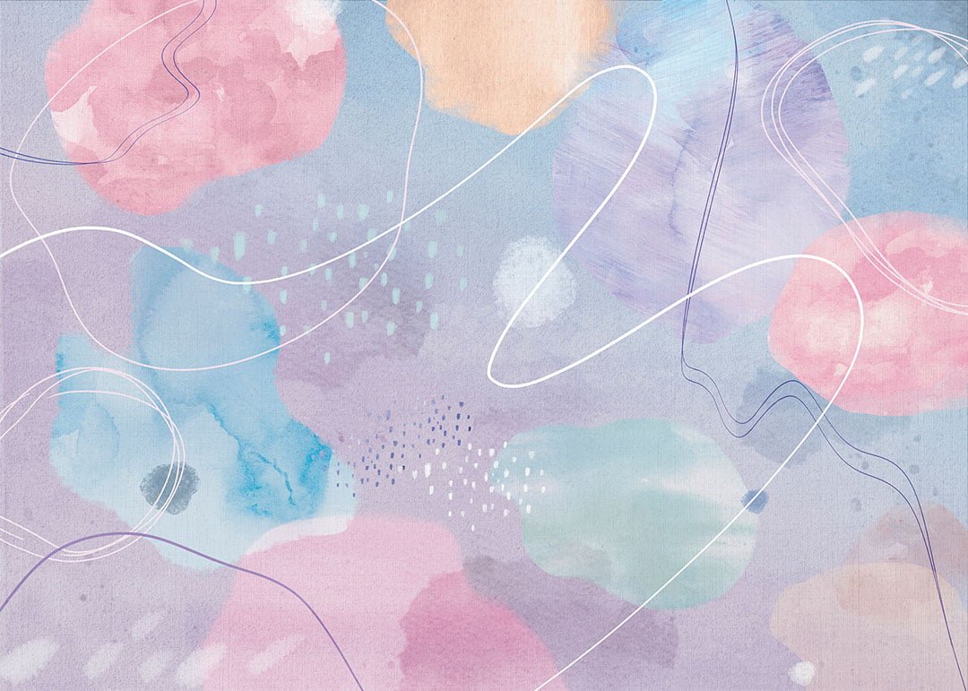 Art wall mural with bright watercolor abstraction at the purple background
