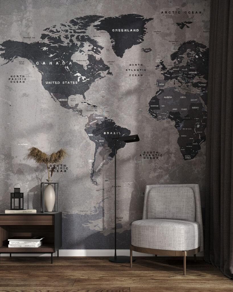 Graphite world map wall mural in loft style for the living room