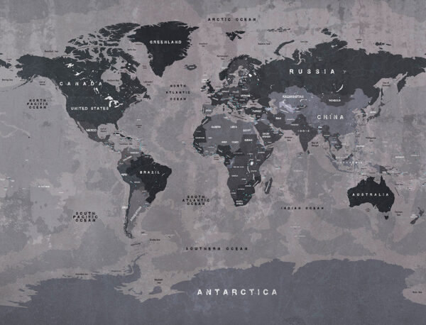 Graphite world map wall mural in loft style