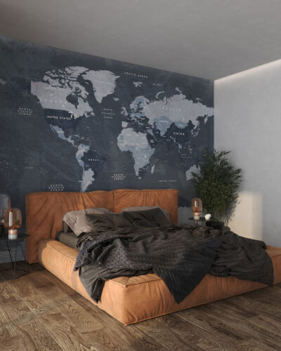 Gray world map wall mural in loft style for the bedroom