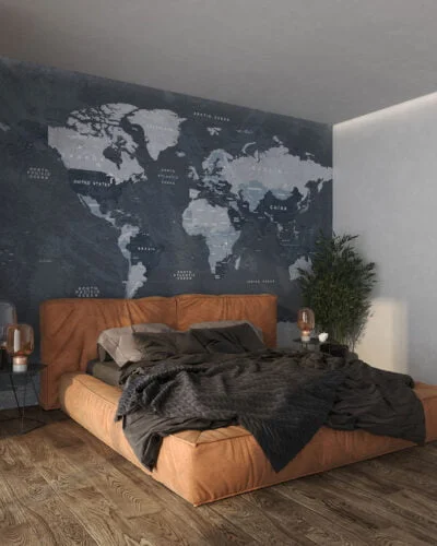 Gray world map wall mural in loft style for the bedroom