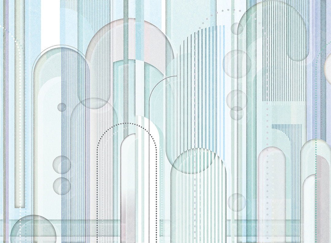 Chaotic geometrical blue wall mural in art deco style