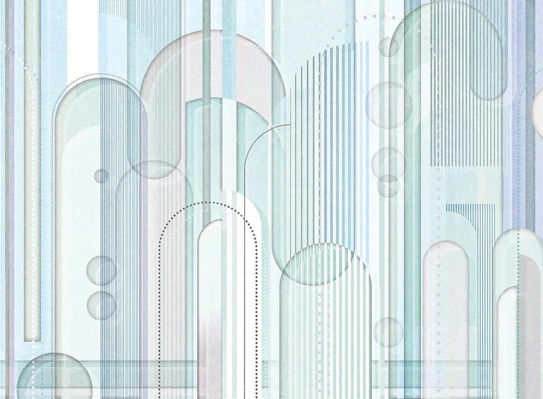 Chaotic geometrical blue wall mural in art deco style