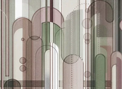 Chaotic geometry brown and green wall mural in art deco style