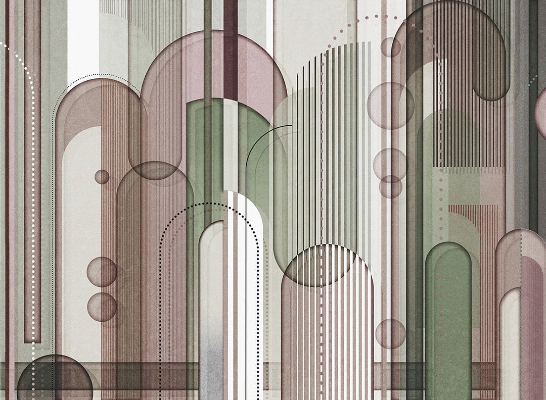 Chaotic geometry brown and green wall mural in art deco style