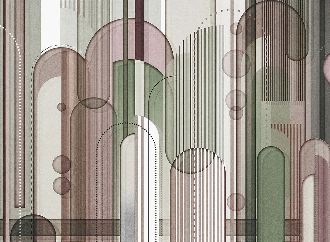 Chaotic geometry brown and green wall mural in art deco style