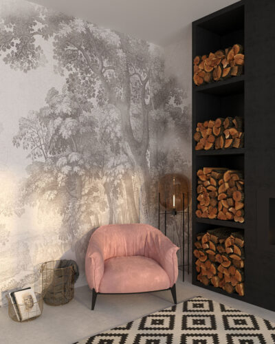 Vintage engraving of a forest wall mural for the living room