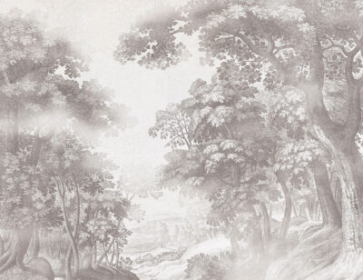 Vintage gray engraving of a forest wall mural
