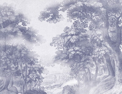 Vintage blue engraving of a forest wall mural