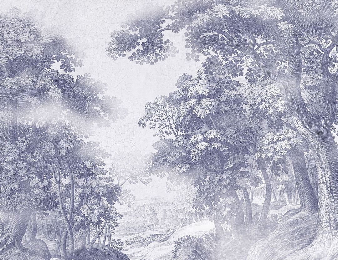 Vintage blue engraving of a forest wall mural