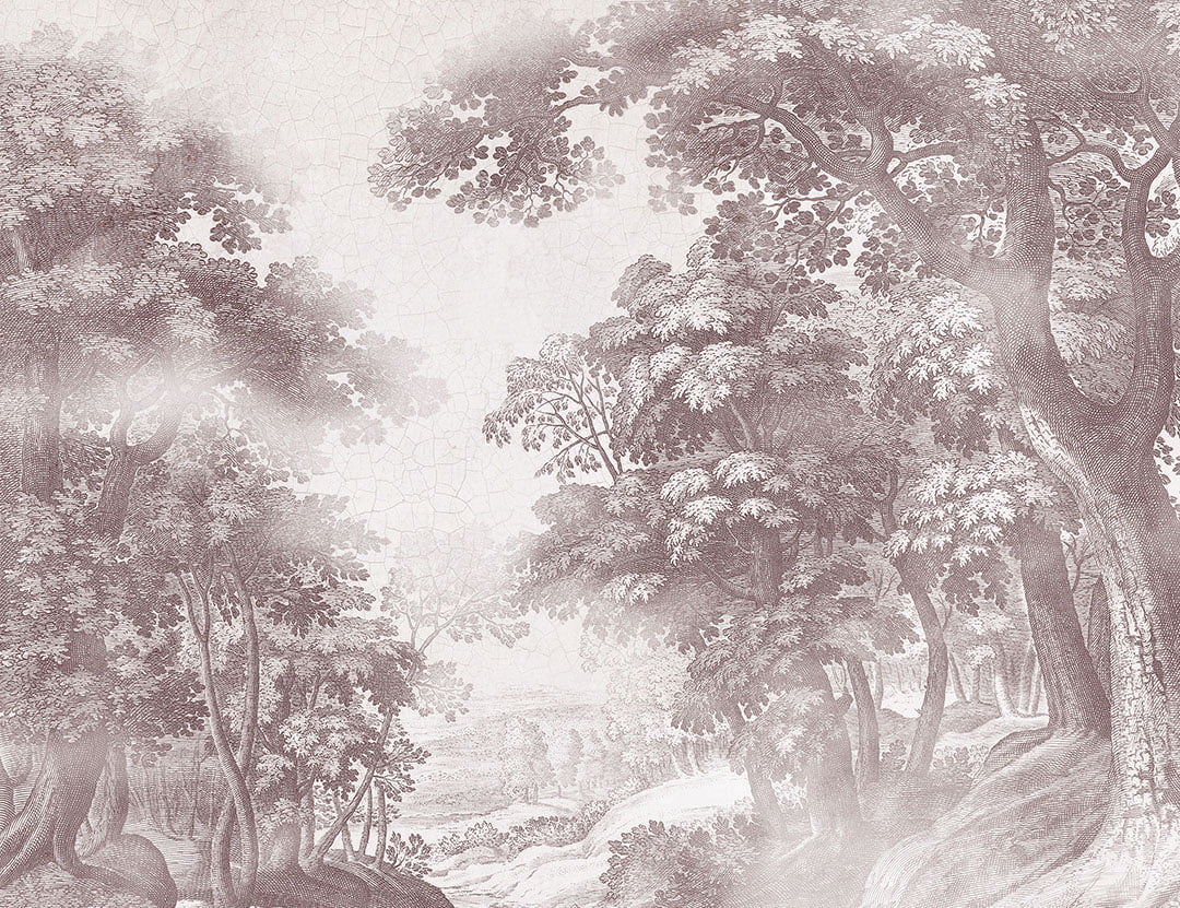 Vintage brown engraving of a forest wall mural