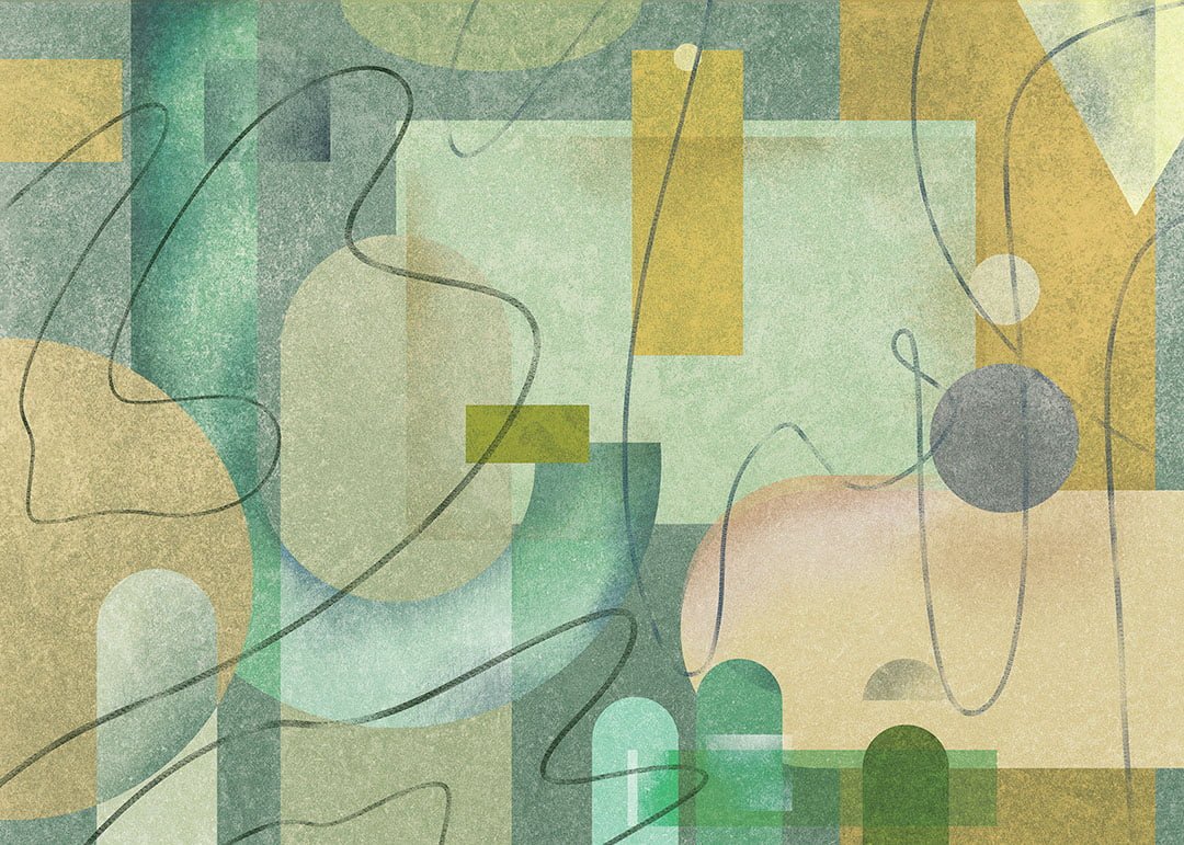 Geometric wall mural with shapes in green tones