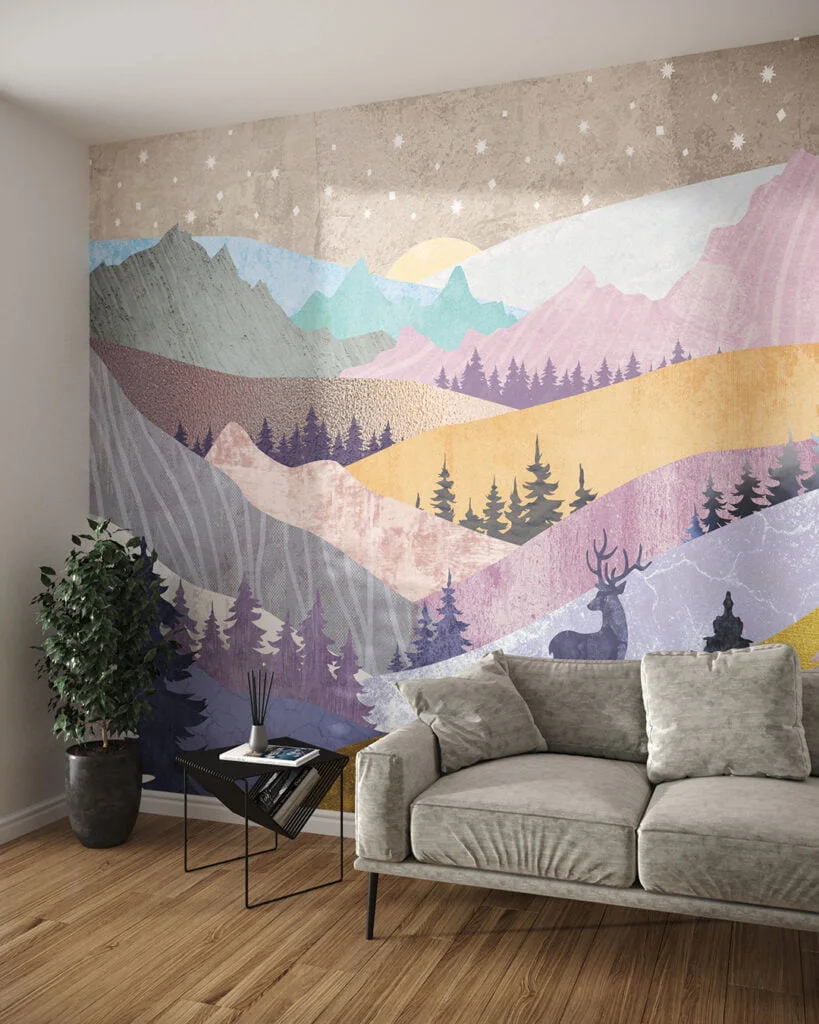 Wall Mural Montagne for the living room - kith2kin.com Multicolored mountains with textures of gold wall mural for the living room