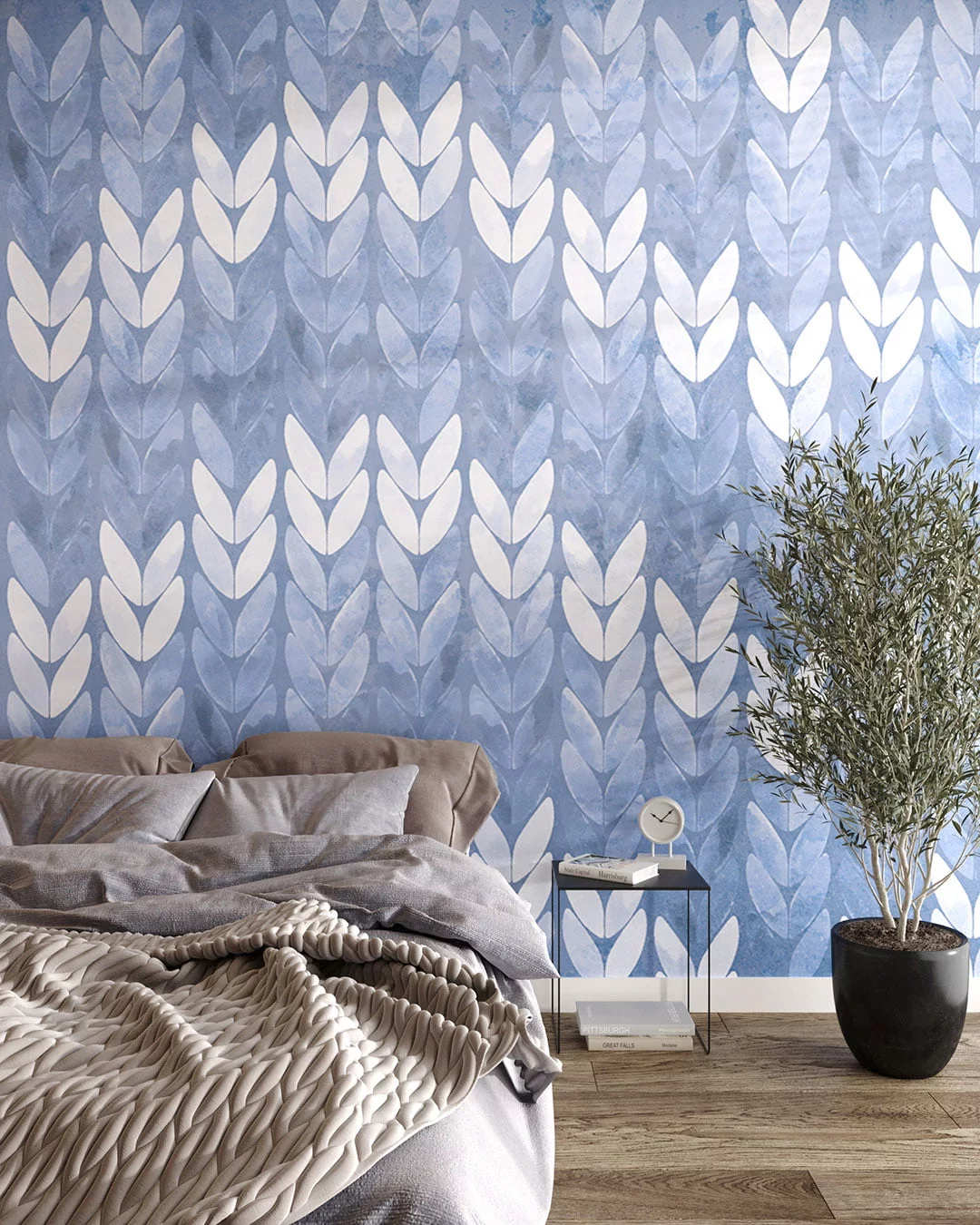 Wall Mural Purl for the bedroom - kith2kin.com Blue knitted texture patterned wallpaper for the bedroom